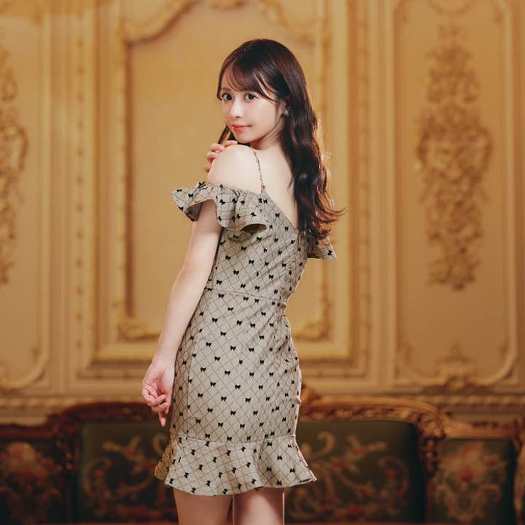 リボン柄オフショルフリルビジューチェーンマーメイドミニ丈キャバドレス[SML 3… | Dazzy | 詳細画像3 