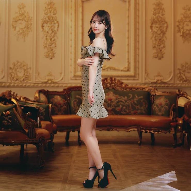 リボン柄オフショルフリルビジューチェーンマーメイドミニ丈