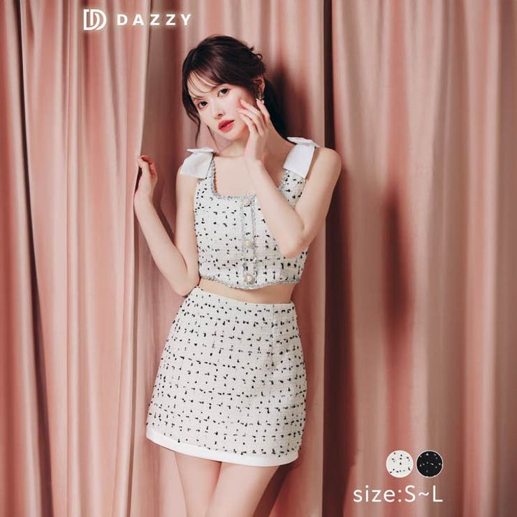 ショルダーリボンパールボタンツイードタイトミニセットアップ[SML 3サイズ展開… | Dazzy | 詳細画像1 