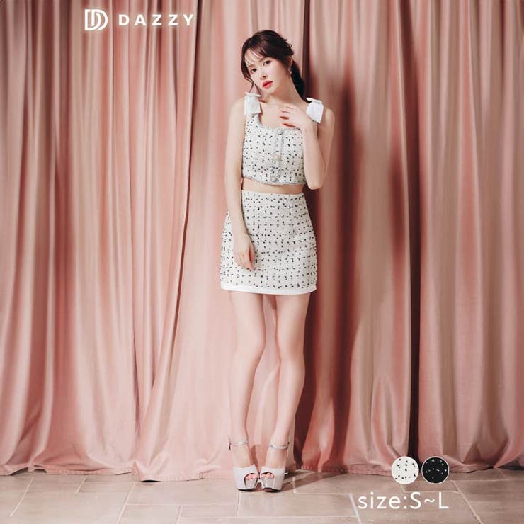 ショルダーリボンパールボタンツイードタイトミニセットアップ[SML 3サイズ展開… | Dazzy | 詳細画像4 