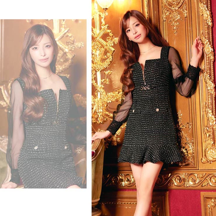 チェックツイードフロントジップ長袖マーメイドミニドレス[SML/3サイズ展開] | Dazzy | 詳細画像14 