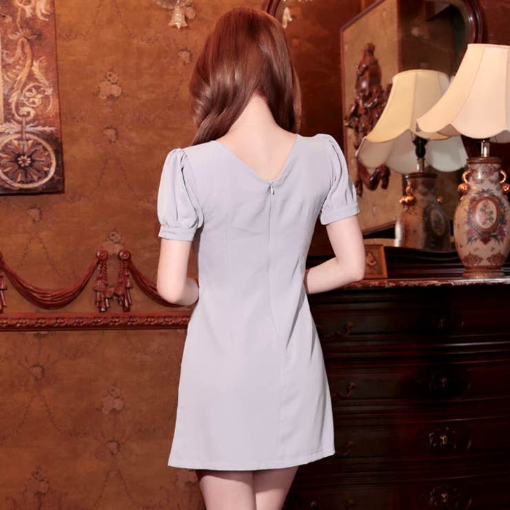 ウエストカットパールビジューパフスリーブタイトミニドレス[SML 3サイズ展開] | Dazzy | 詳細画像9 