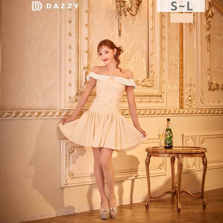 オフショルビジューリボンプリーツAラインミニ丈キャバドレス[SML 3サイズ展開… | Dazzy | 詳細画像2 