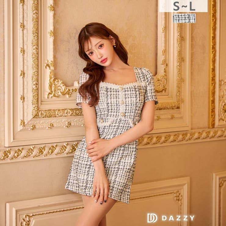 チェックツイードスクエアネックパールボタン半袖タイトミニ丈キャバドレス[SML … | Dazzy | 詳細画像1 