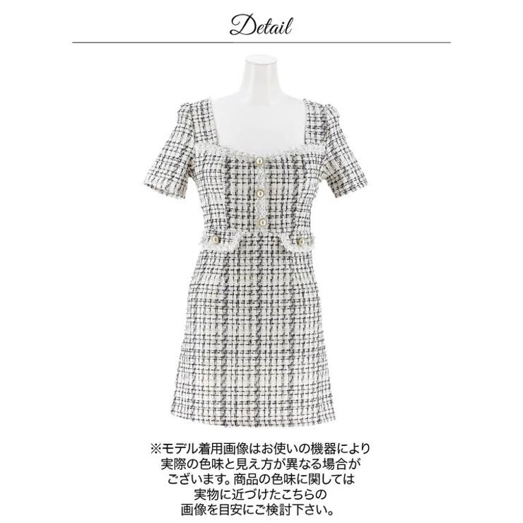 チェックツイードスクエアネックパールボタン半袖タイトミニ丈キャバドレス[SML … | Dazzy | 詳細画像13 