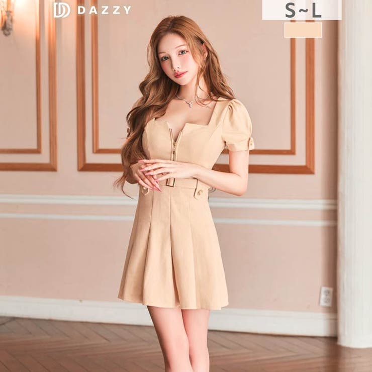 グリッターファスナーベルトモチーフ半袖Aラインミニ丈キャバドレス