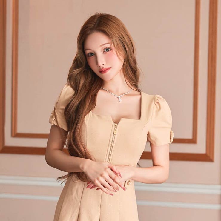 グリッターファスナーベルトモチーフ半袖Aラインミニ丈キャバドレス