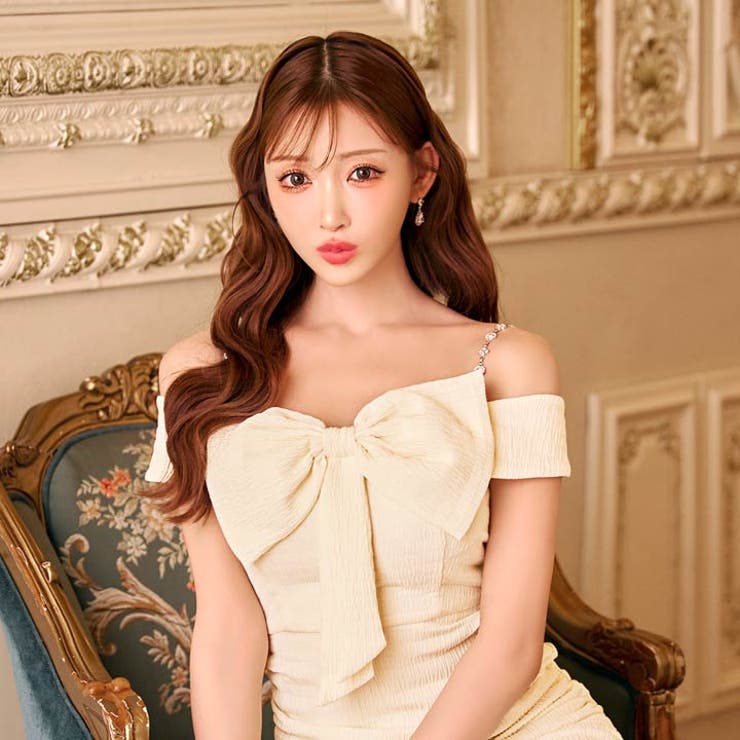 フロントリボンオフショルギャザービジューチェーンタイトミニ丈キャバドレス[SML… | Dazzy | 詳細画像6 