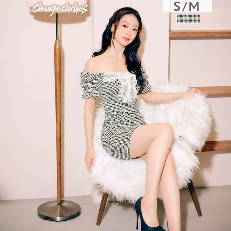 [韓国キャバドレス]ギンガムチェック肩見せオフショルレースパフスリーブタイトミニ… | Dazzy | 詳細画像8 