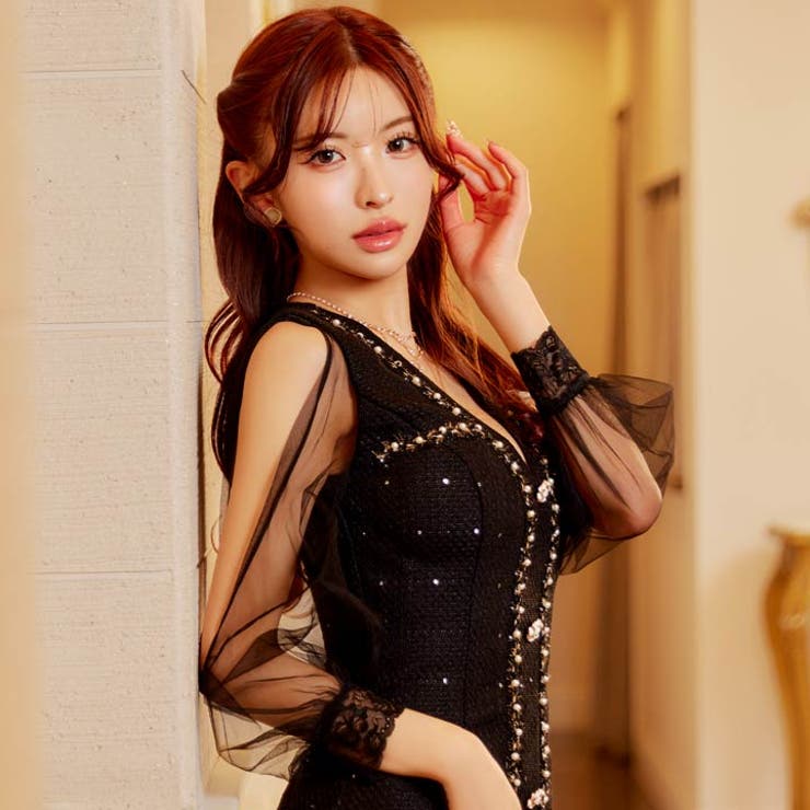 ツイードパールビジューラインチュール長袖タイト膝丈キャバドレス | Dazzy | 詳細画像12 