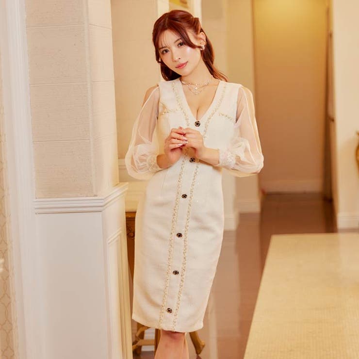 ツイードパールビジューラインチュール長袖タイト膝丈キャバドレス | Dazzy | 詳細画像14 