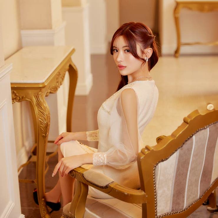 ツイードパールビジューラインチュール長袖タイト膝丈キャバドレス | Dazzy | 詳細画像16 