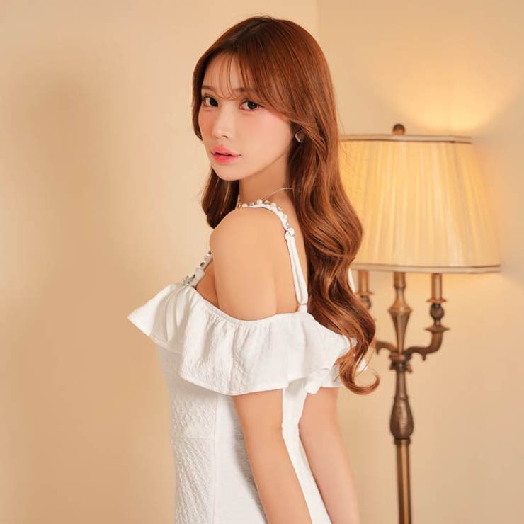 フリルオフショルパールリボンビジュータイトミニ丈キャバドレス | Dazzy | 詳細画像6 