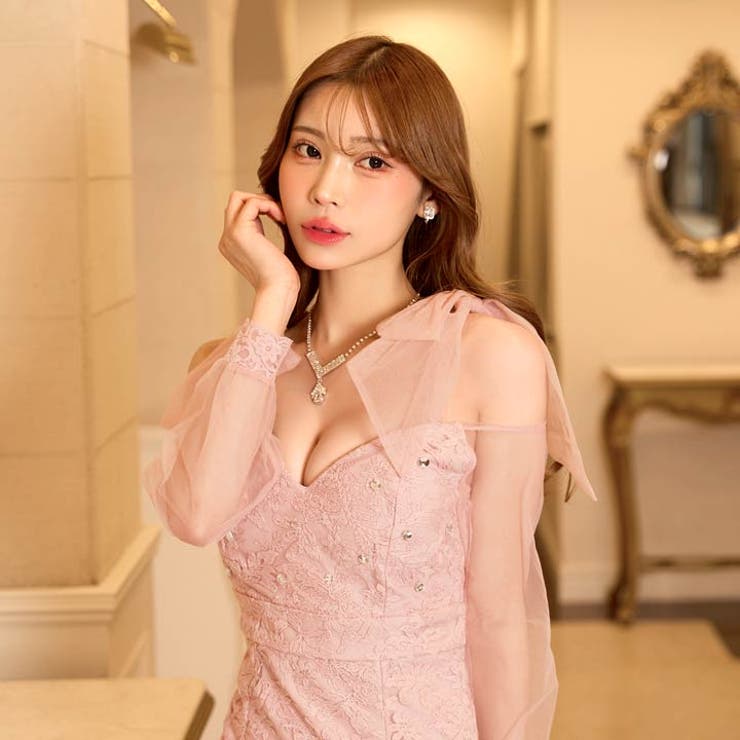 オフショルリボンビジューフラワーシアー長袖タイトミニ丈キャバドレス[SML 3サ… | Dazzy | 詳細画像8 