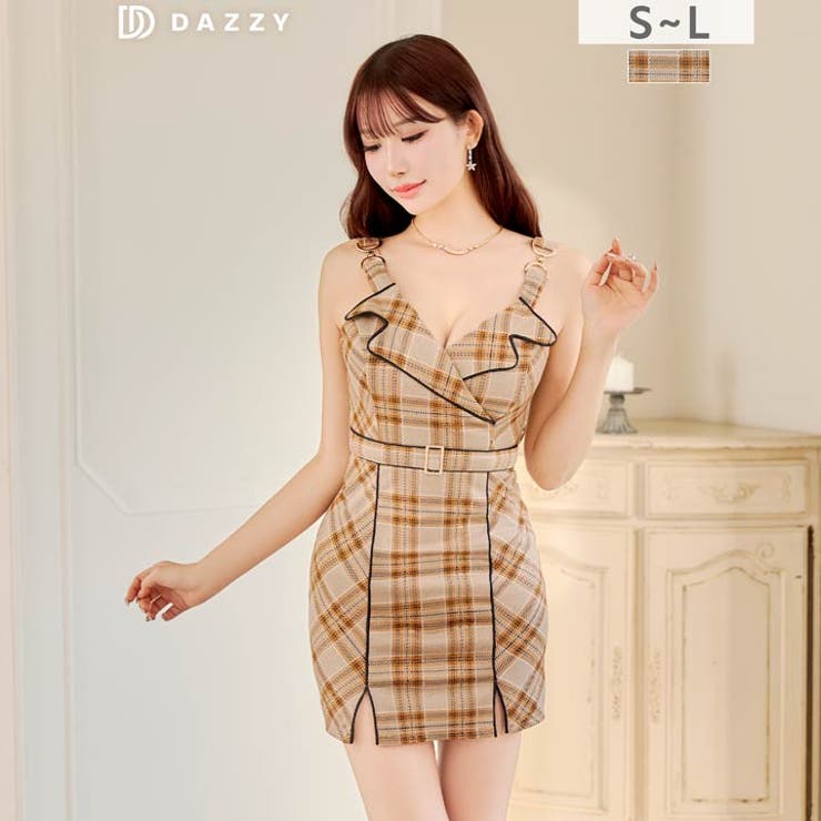 [伊藤桃々着用]SEXYなチェック柄襟付きVネックパイピングベルトモチーフタイト… | Dazzy | 詳細画像7 
