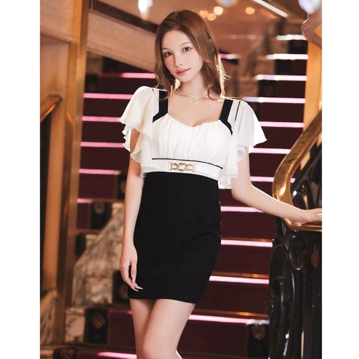 二の腕カバーシフォンフレア袖バイカラー脚長魅せベルトモチーフミニ丈キャバドレス[… | Dazzy | 詳細画像6 