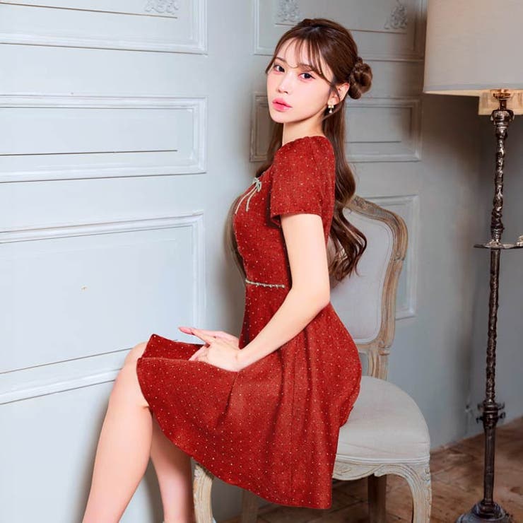 主役級に輝くビジューリボンモチーフ×ラインストーン華奢魅せ半袖Aラインミニ丈キャ… | Dazzy | 詳細画像6 