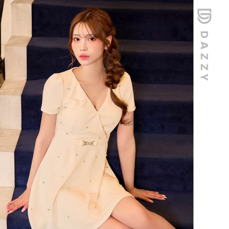 カシュクールストーンビジューベルトモチーフ半袖Aラインミニ丈キャバドレス[SML… | Dazzy | 詳細画像17 