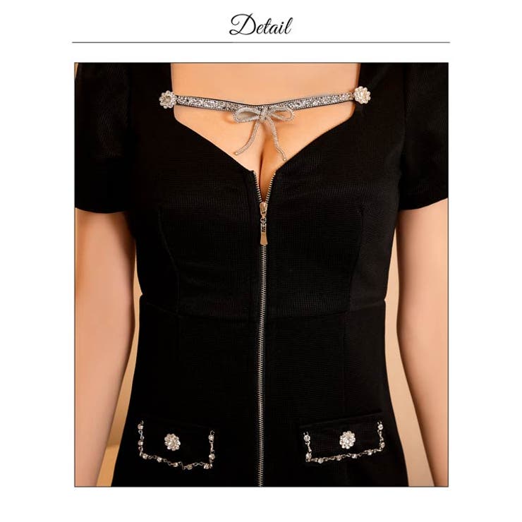 デコルテリボンビジューファスナー半袖タイトミニ丈キャバドレス | Dazzy | 詳細画像16 