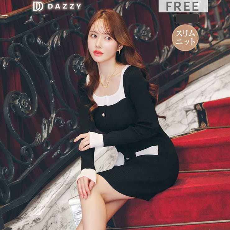 バイカラースクエアポケットモチーフ長袖ニットタイトミニ丈ワンピース | Dazzy | 詳細画像4 