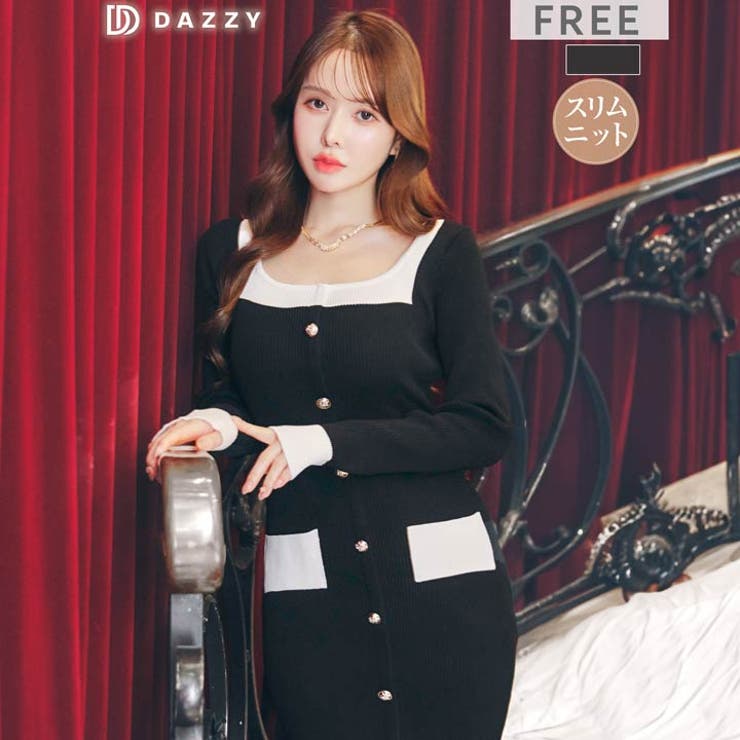 バイカラースクエアポケットモチーフ長袖ニットタイトミニ丈ワンピース | Dazzy | 詳細画像6 