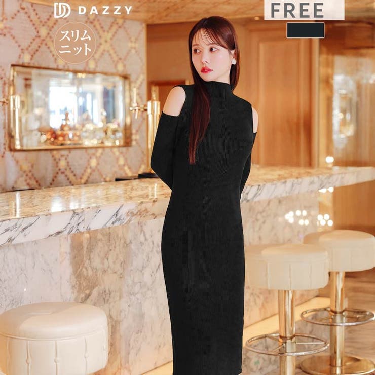 ハイネックオープンショルダー膝丈ニットワンピース | Dazzy | 詳細画像7 