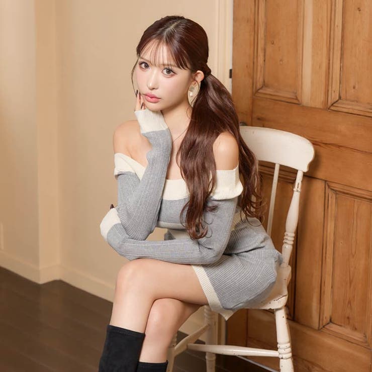 オフショルボーダーライン長袖ニットワンピース | Dazzy | 詳細画像7 