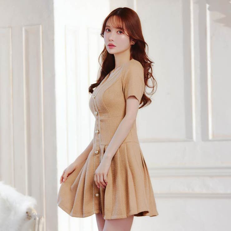 谷間魅せVネック×高見えツイードパールラインに体型カバープリーツAライン半袖ミニ… | Dazzy | 詳細画像11 