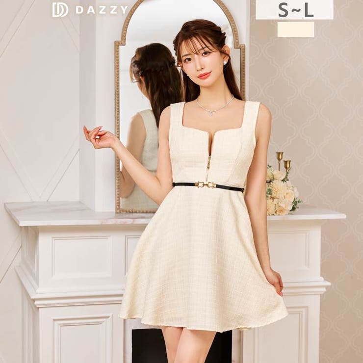 美デコルテスクエアネック×ノースリーブ胸元ジップツイード華奢魅せAラインミニ丈キ… | Dazzy | 詳細画像1 