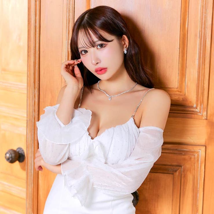 [伊藤桃々着用]ビジューストーン煌めくフリルオフショルタイトミニ丈キャバドレス | Dazzy | 詳細画像10 