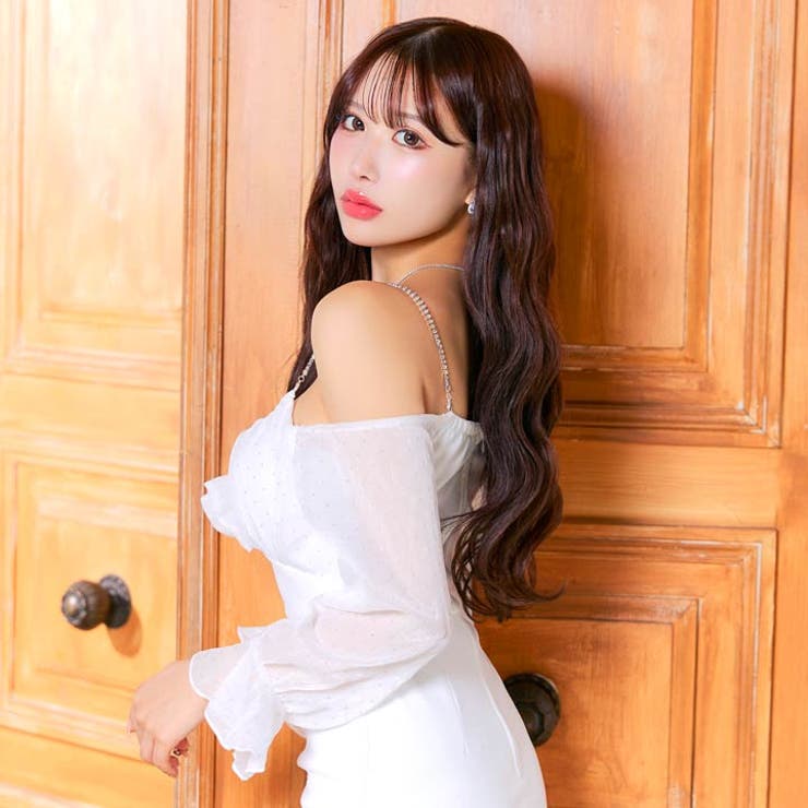 [伊藤桃々着用]ビジューストーン煌めくフリルオフショルタイトミニ丈キャバドレス | Dazzy | 詳細画像7 