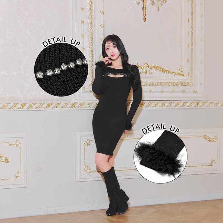 SEXY谷間カット×煌めくビジューフェザースリーブリブニットワンピース[カジュア… | Dazzy | 詳細画像2 