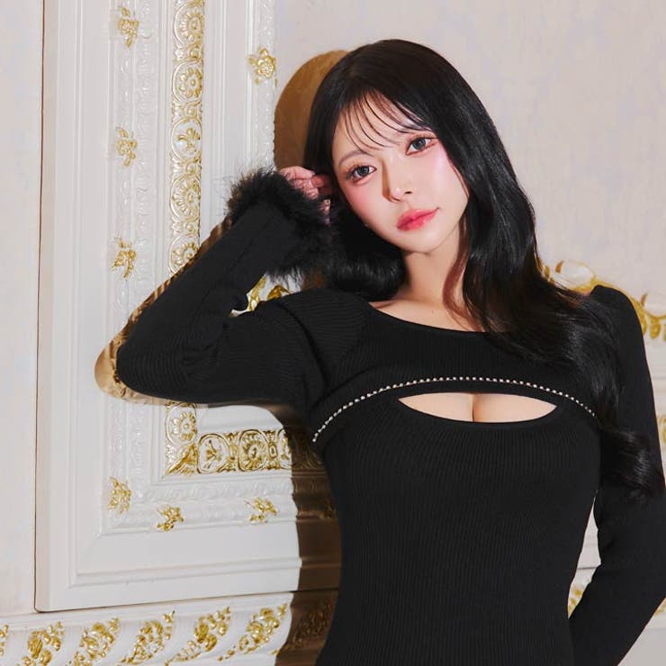 SEXY谷間カット×煌めくビジューフェザースリーブリブニットワンピース[カジュア… | Dazzy | 詳細画像9 