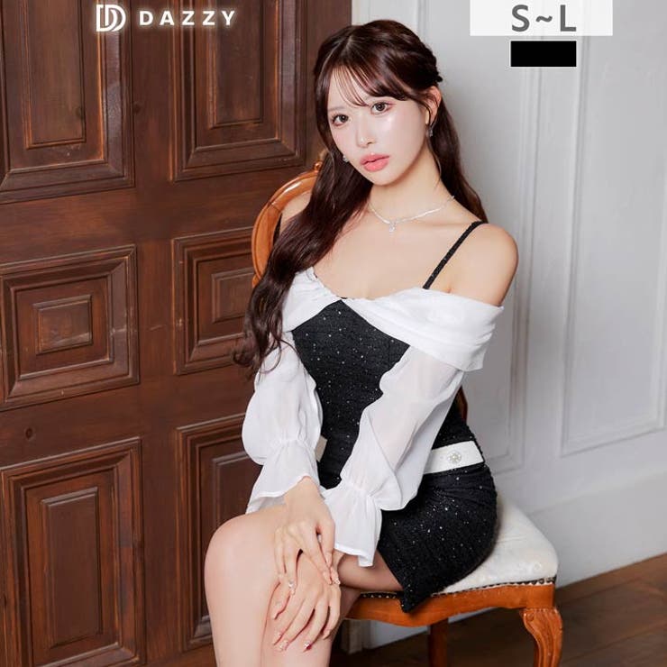 ツイードビジューシフォンオフショル長袖タイトミニ丈キャバドレス[SML 3サイズ… | Dazzy | 詳細画像2 