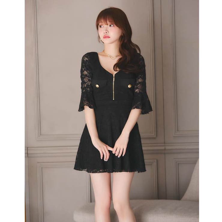 フロントジップオールレースフレア七分袖Aラインミニ丈キャバドレス[SML 3サイ… | Dazzy | 詳細画像11 