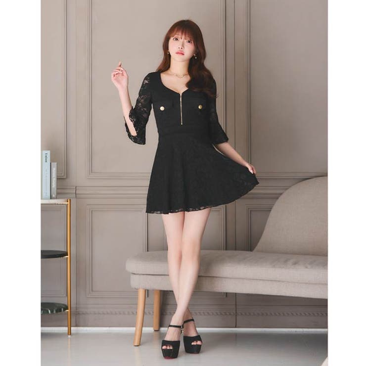 フロントジップオールレースフレア七分袖Aラインミニ丈キャバドレス[SML 3サイ… | Dazzy | 詳細画像12 