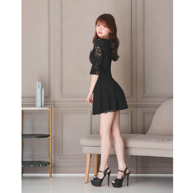 フロントジップオールレースフレア七分袖Aラインミニ丈キャバドレス[SML 3サイ… | Dazzy | 詳細画像13 