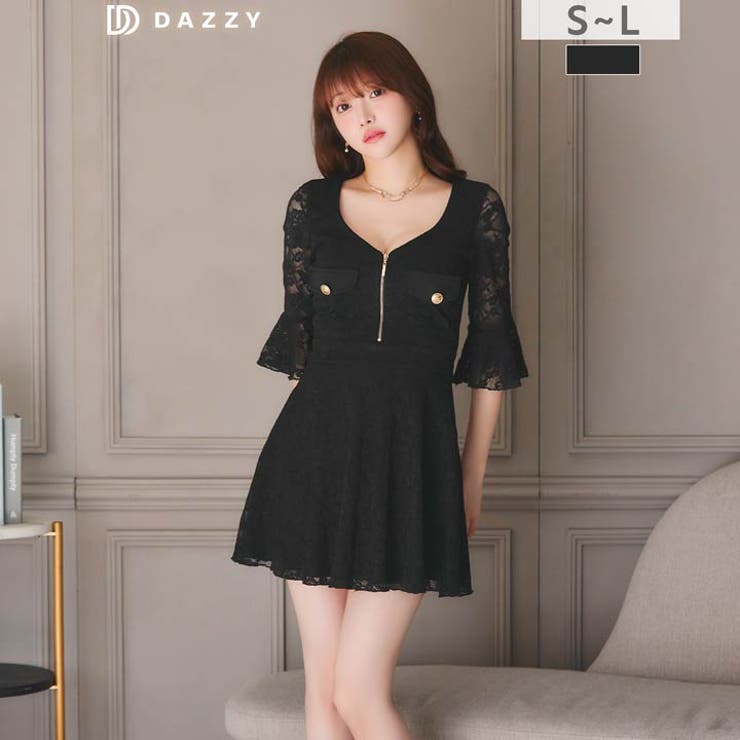 フロントジップオールレースフレア七分袖Aラインミニ丈キャバドレス[SML 3サイ… | Dazzy | 詳細画像14 
