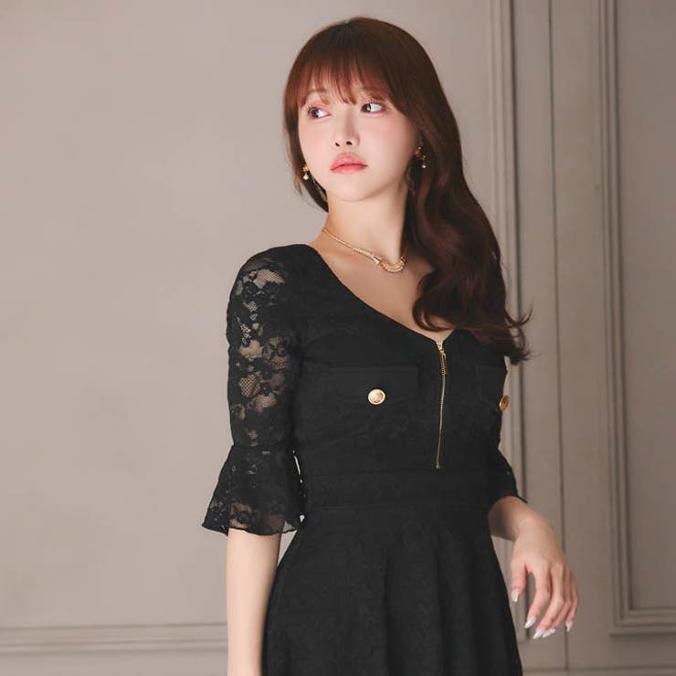 フロントジップオールレースフレア七分袖Aラインミニ丈キャバドレス[SML 3サイ… | Dazzy | 詳細画像15 