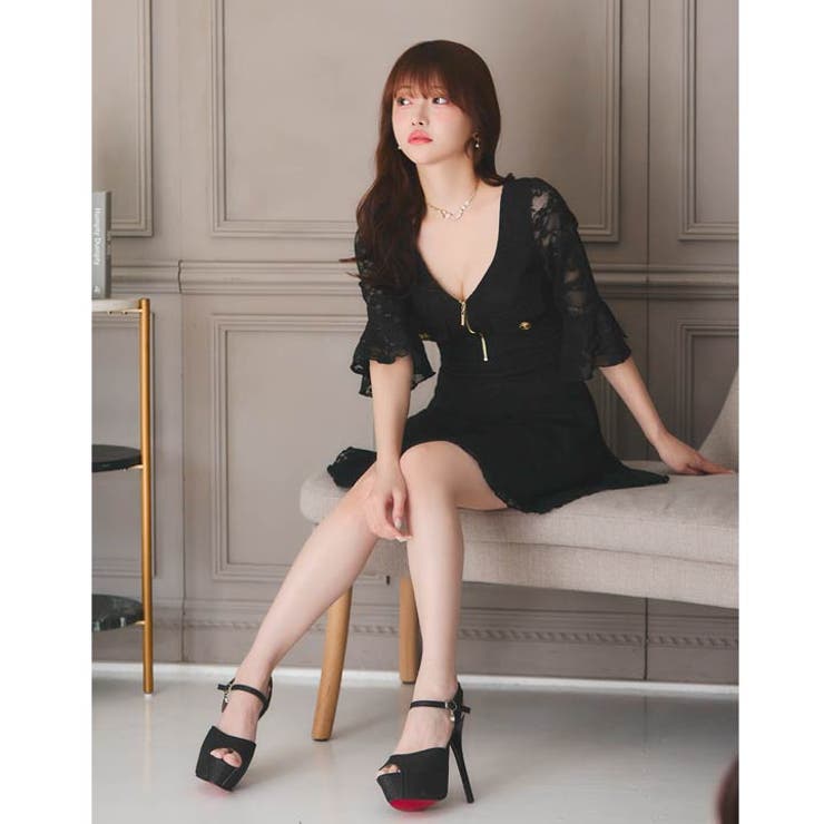 フロントジップオールレースフレア七分袖Aラインミニ丈キャバドレス[SML 3サイ… | Dazzy | 詳細画像17 