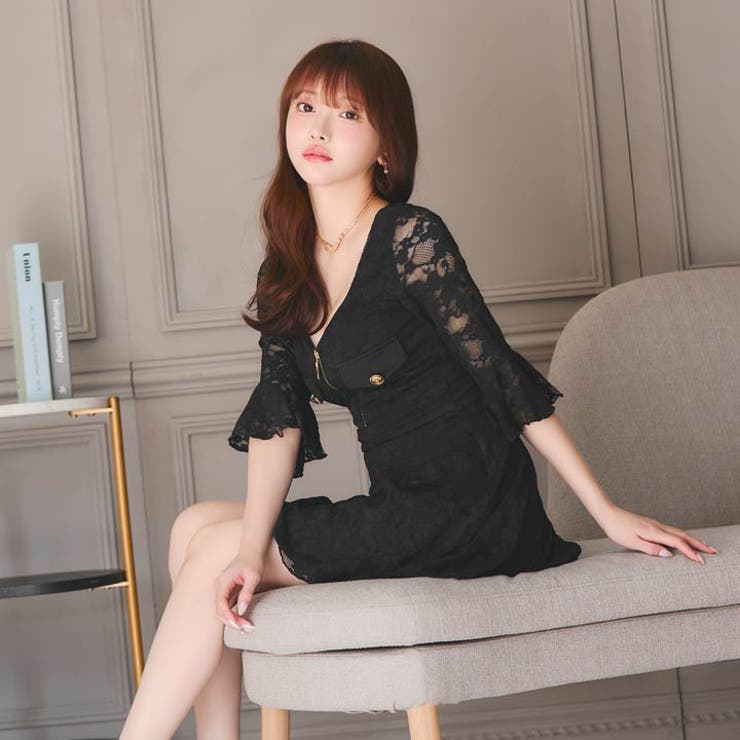 フロントジップオールレースフレア七分袖Aラインミニ丈キャバドレス[SML 3サイ… | Dazzy | 詳細画像18 