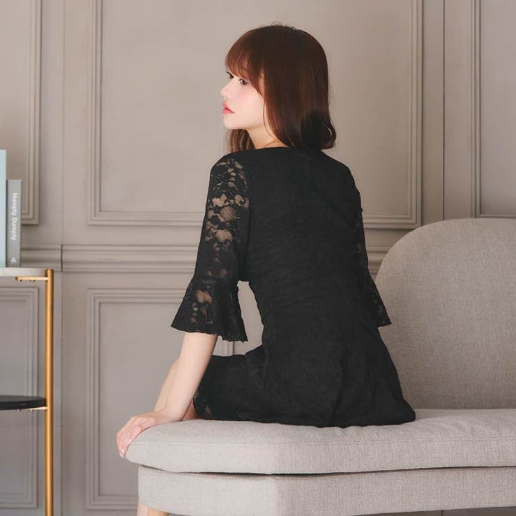 フロントジップオールレースフレア七分袖Aラインミニ丈キャバドレス[SML 3サイ… | Dazzy | 詳細画像19 