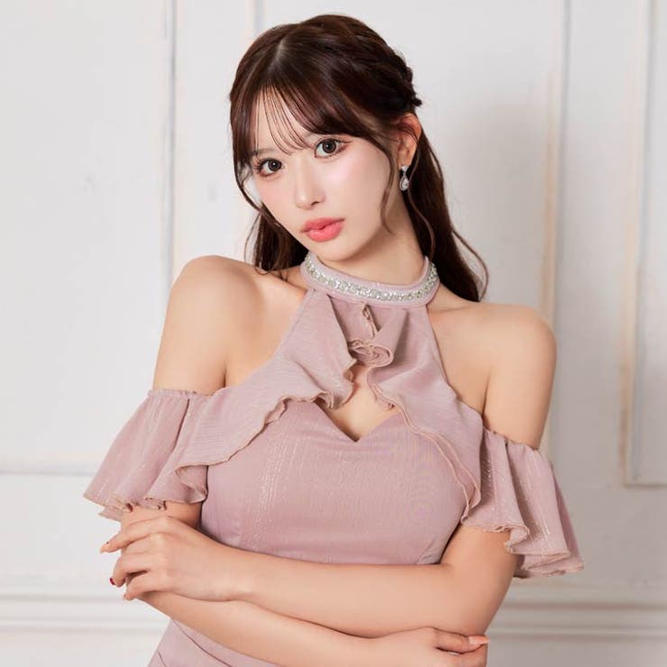 [伊藤桃々着用]キラキラ輝く胸元ビジュー×肩出しアメスリフリル袖オフショルタイト… | Dazzy | 詳細画像8 