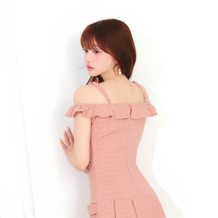 谷間ジップで大人可愛いツイード×オフショルフリルのラインストーン付きAラインドレ… | Dazzy | 詳細画像16 