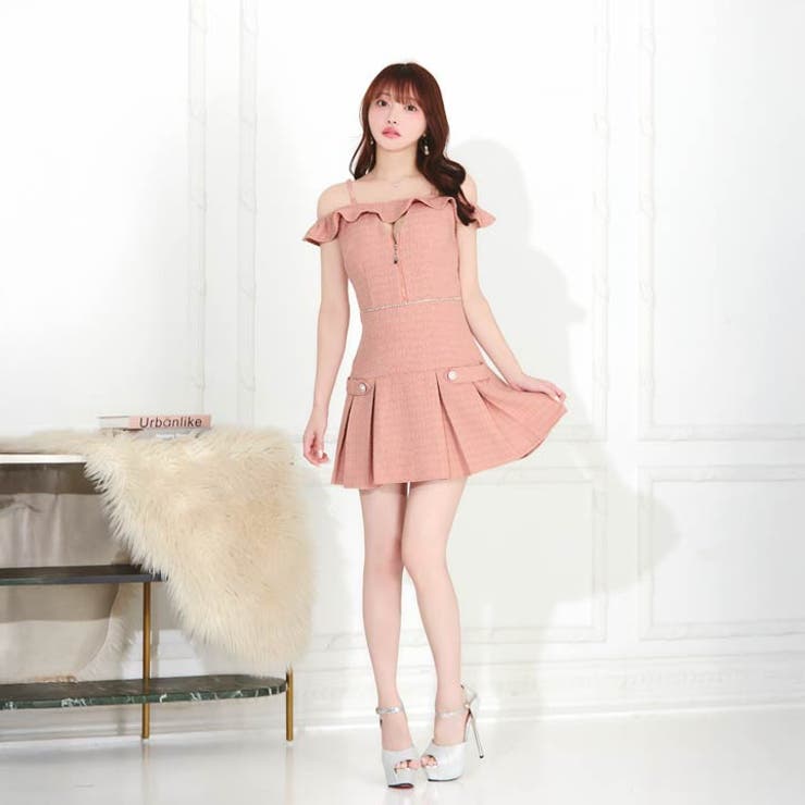 谷間ジップで大人可愛いツイード×オフショルフリルのラインストーン付きAラインドレ… | Dazzy | 詳細画像17 