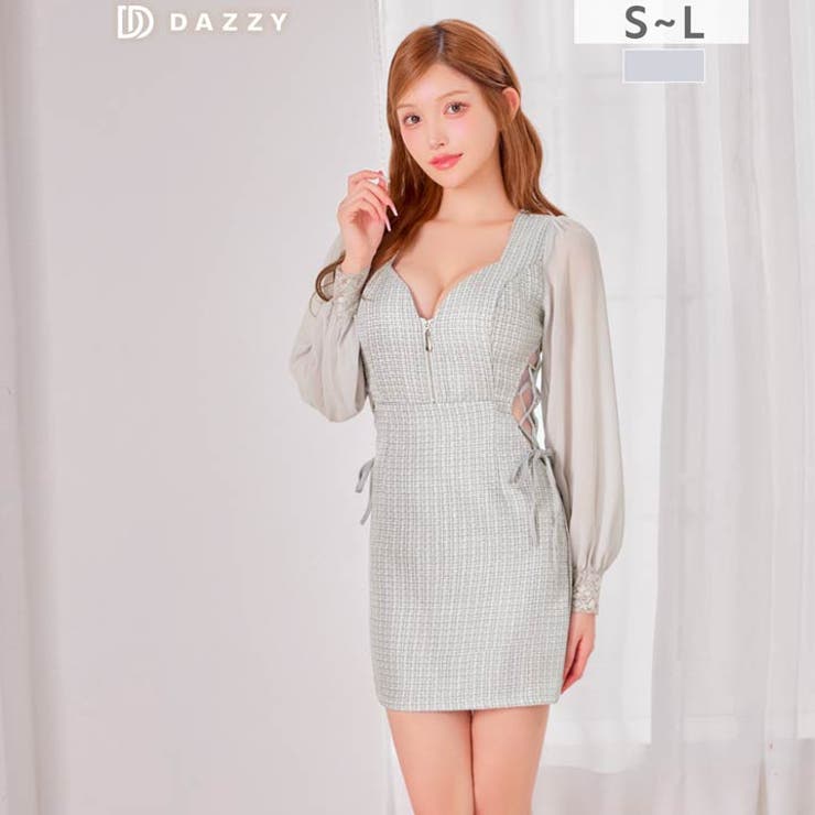 シアーレースアップツイードシフォン長袖タイトミニ丈キャバドレス[SML 3サイズ… | Dazzy | 詳細画像5 