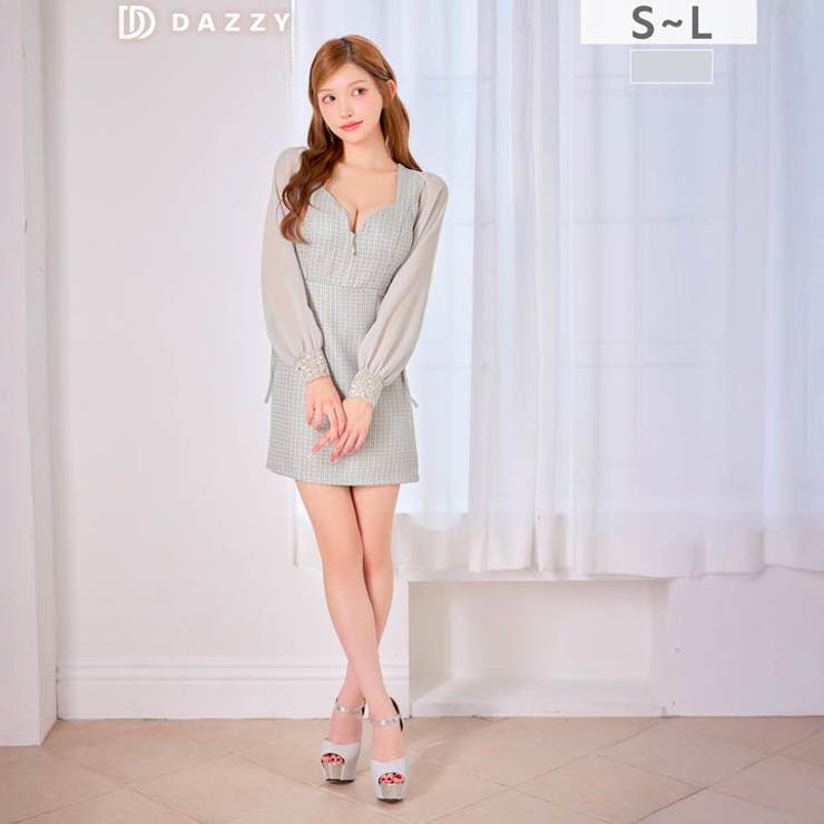 シアーレースアップツイードシフォン長袖タイトミニ丈キャバドレス[SML 3サイズ… | Dazzy | 詳細画像6 