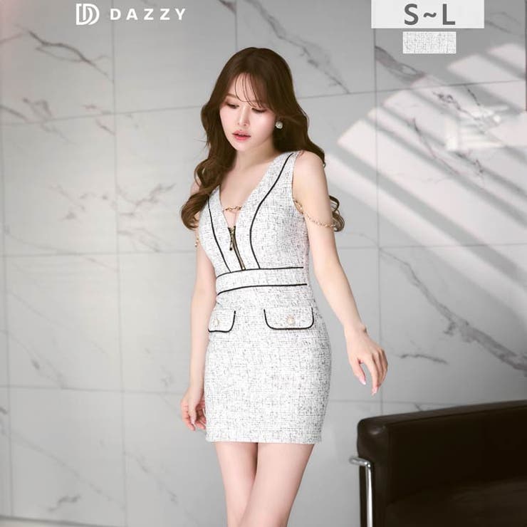 曲線美が際立つキラキラパイピングツイード谷間ジップタイトミニ丈キャバドレス[SM… | Dazzy | 詳細画像15 