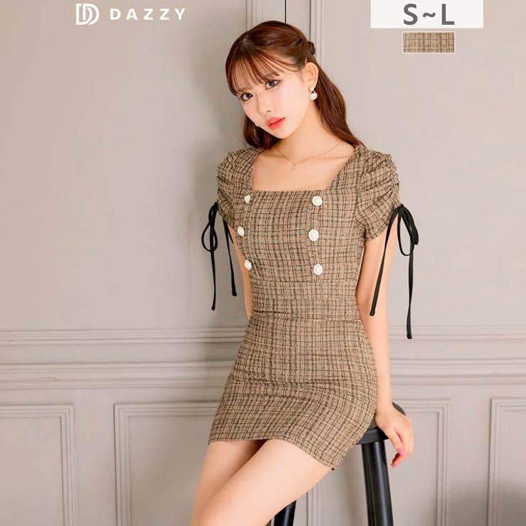 [伊藤桃々着用]上品チェックツイードにパールボタンが高級感 袖リボンタイトミニ丈… | Dazzy | 詳細画像1 