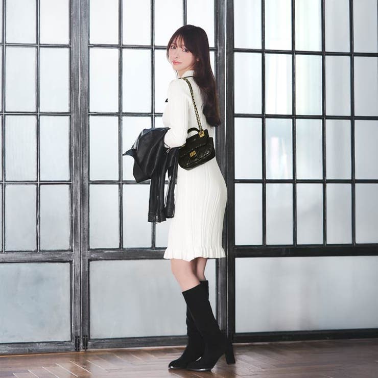 美ラインを惹き立てる襟付きパイピングフリルリブニットワンピース[カジュアル da… | Dazzy | 詳細画像11 